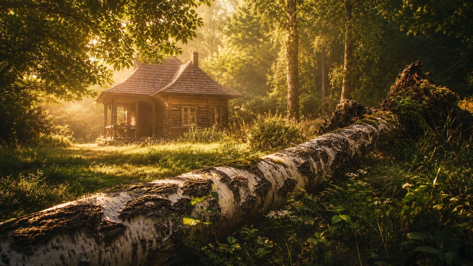 Régi huta faháza az erdő szélén, alkonyi fényben